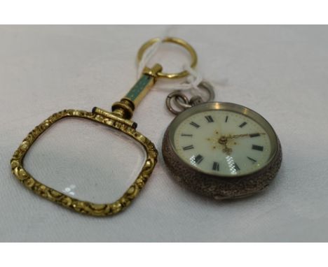 A small continental silver top wound pocket watch stamped 935 having a Roman numeral dial to decorative face within an extens