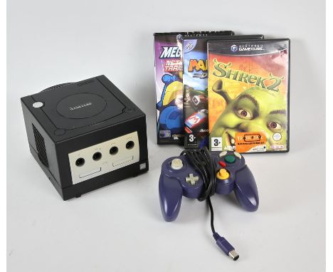 Nintendo Gamecube console (black) with 3rd party controller and memory card, power adaptor, video cable and 3 games - Mario K