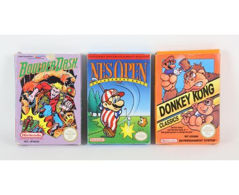 An assortment of 3 boxed NES games (PAL) Includes: Boulder Dash, NES Open Tournament and Donkey Kong ClassicsCondition Report