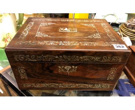 19TH CENTURY ROSEWOOD AND MOTHER OF PEARL INLAID TRAVELLING VANITY BOX