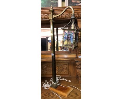 BRASS POST LANTERN TABLE LAMP WITH SQUARE SECTION SHADE