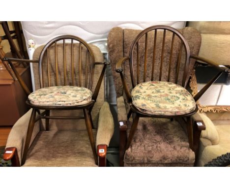 PAIR OF ERCOL SPINDLE BACK ELBOW CHAIRS WITH TAPESTRY LOOSE CUSHIONS