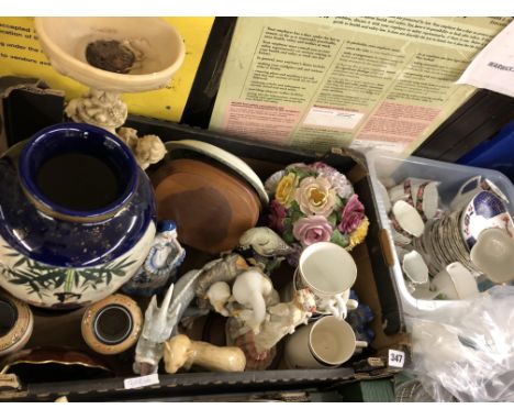 TWO CARTONS OF CERAMICS CONTAINING JAPANESE BALUSTER VASE, PINK ROSE TEA SERVICE, VICTORIAN TEACUP AND SAUCER, DRAGON AND BIR