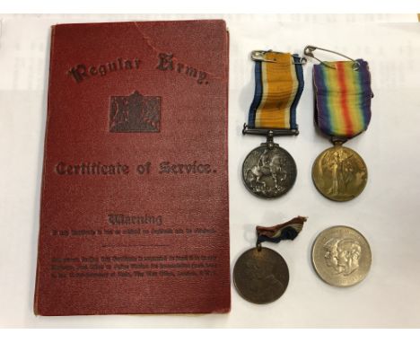 REGULAR ARMY SERVICE BOOK AND TWO WWI MEDALS - 30763 PTE JH CHAPMAN EAST YORKSHIRE REGIMENT, A GEORGE V AND MARY COUNCIL MEDA