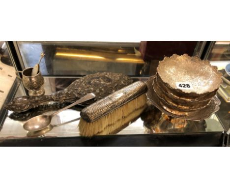 SILVER BACKED DRESSING MIRROR AND BRUSH, MOTHER OF PEARL SILVER BLADED POCKET KNIFE AND KISHCO SILVER INDIAN BOWLS