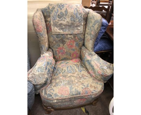 REPRODUCTION QUEEN ANNE STYLE WALNUT FRAMED WING ARMCHAIR UPHOLSTERED IN TAPESTRY FABRIC