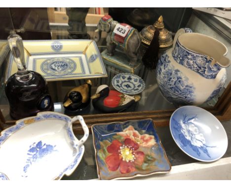 BOTTOM SHELF CONTAINING AN AMETHYST WEDGWOOD JASPERWARE BELL, ROYAL COPENHAGEN PIN DISHES, WEDGWOOD SQUARE SHALLOW BOWL, SPAR