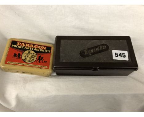 BROWN BAKELITE CIGARETTE BOX AND A VINTAGE PARAGON ENAMEL SCOUTS FIRST AID TIN