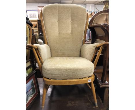 ERCOL LIGHT ELM UPHOLSTERED SPINDLE HIGH BACK ARMCHAIR