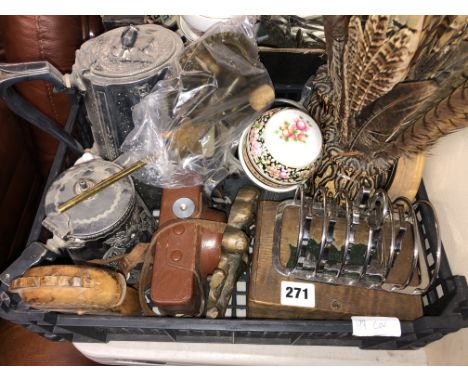 CARTON CONTAINING EPBM THREE PIECE TEA SERVICE, VINTAGE CAMERA, GROUSE FEATHERS AND A SET OF FURSTENBERG PIN DISHES