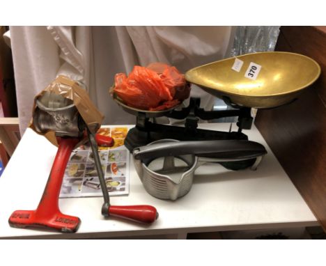 PAN SCALES, WEIGHTS AND VINTAGE SPONG MIXER AND PRESS