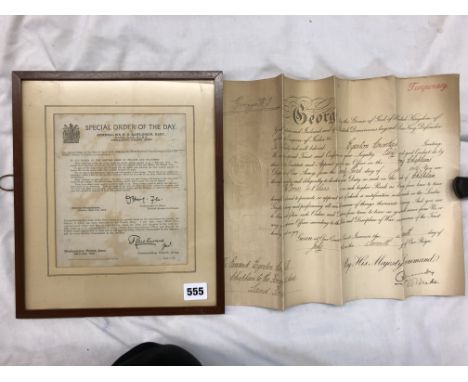 FRAMED DOCUMENT SPECIAL ORDER OF THE DAYBY GENERAL SIR HS RAWLINSON-BART AND A ROYAL COMMENDATION TO EGGERTON CROOKHALL, ARMY