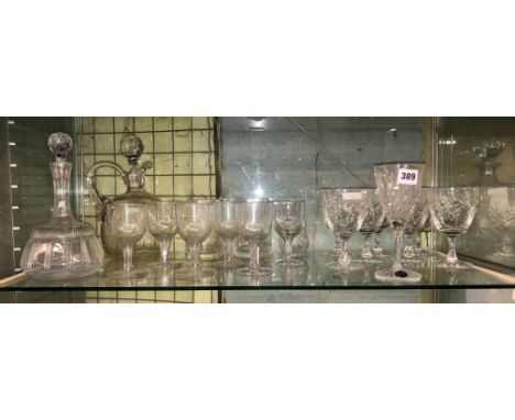 SHELF OF NAMED CUT GLASSWARES, CLARET JUG, DECANTER