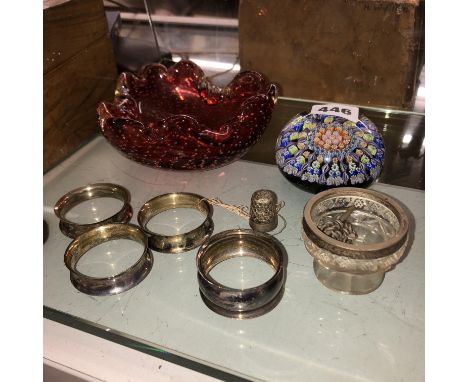 SILVER NAPKIN RINGS, DECORATIVE PAPERWEIGHT AND RUBY BUBBLE GLASS BOWL