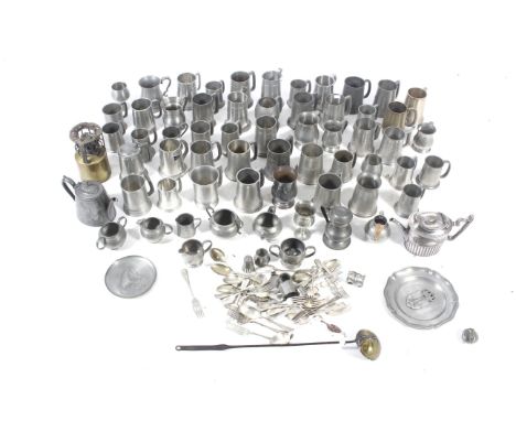 A large collection of silver plate and pewter. Including circa fifty mugs, two teapots, sugar bowls, milk jugs, various misce