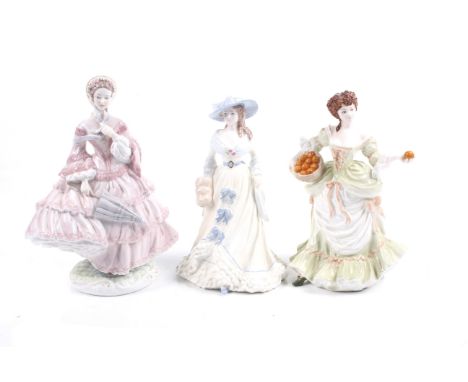 Two Coalport 'Femmes Fatales' ceramic figures and a Royal Worcester ceramic figure. The Coalport figures of 'Nell Gwynn' and 