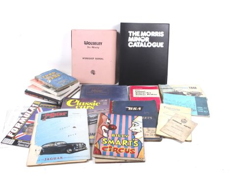 A collection of car and motoring manuals. Including a Wolseley Six - Ninety and Morris Minor catalogue 1988, etc. 