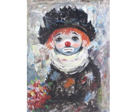 A 1960s oil on canvas, portrait of an unhappy clown. Signed 'Franco' (upper right), 60cm x 45cm, framed