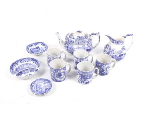 An assortment of Spode blue and white ceramics. Including a teapot, mugs, plates, etc. Max. H16cm Condition Report: Would all