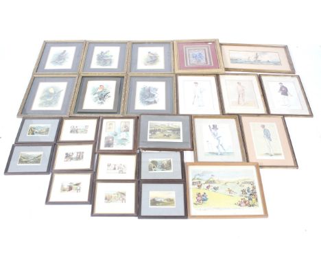 An assortment of framed prints. Including a set of hand coloured prints depicting rural and architectural scenes, prints of c