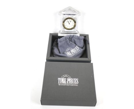 A Waterford crystal mantel clock in original box. Of architectural form, with Japanese movement, etched marks, 16cm high