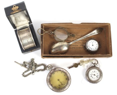 An assortment of silver collectables. Including pocket/wristwatch, napkin ring and silver spoon, etc.