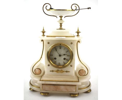 A French cream alabaster mantel clock. The alabaster face with gilt Roman numerals and marked Sagex a Nantes (AF), topped by 