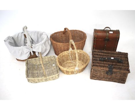 An assortment of wicker baskets. Four in total, of varying designs, together with a wicker hamper and a wooden box, largest 4