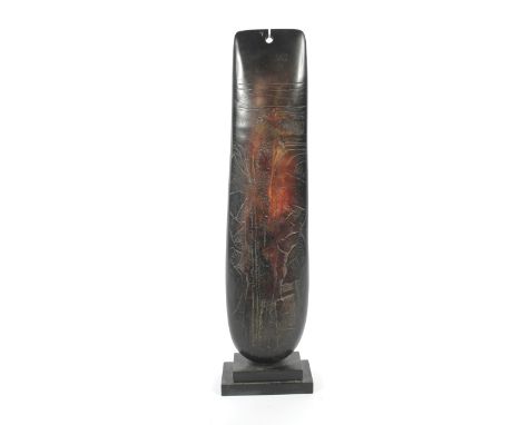 Peter Hayes (1946), ceramic sculpture totem. Textured and incised, pierced to top, on signed stepped slate base, 58.5cm high 