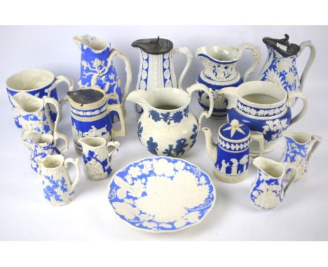 A group of 19th century Staffordshire blue and white stone and Parian ware. Including: a Dudson Brothers pewter-mounted jug m