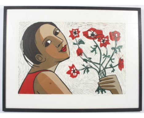 Anita Klein (1960), a signed limited edition linocut portrait of a lady holding anemones. Signed in pencil and numbered 1/2 l