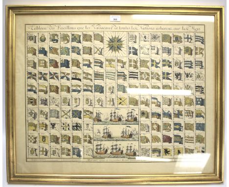 An unusual French print depicting flags used on military ships. Title to top reads 'Tableau des pavillons que les Vaisseaux d