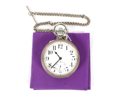 A 20th century Goliath pocket watch and pocket watch chain. The enamel dial with Arabic numerals denoting hours, seconds subs