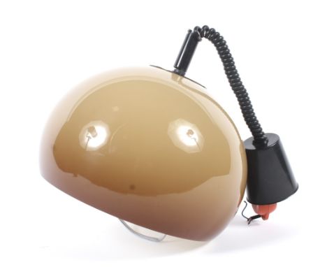 A 1970s brown plastic adjustable pendant light. The dome shaped shade in graduated brown, with plastic pull adjustable fittin