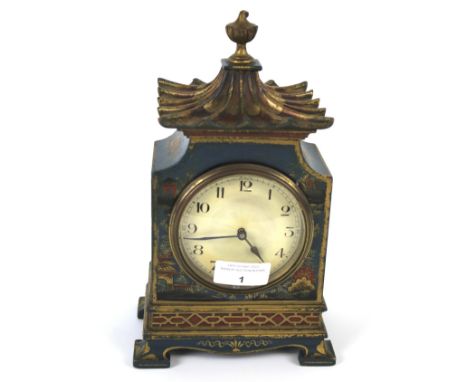 An early 20th century French Chinoiserie mantel clock. The dial with Arabic numerals denoting hours, the case painted with tr