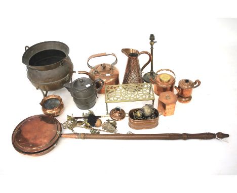 Vintage copperware and other metalware. Including a tea caddy, ewer, trivet, bed pan, etc.