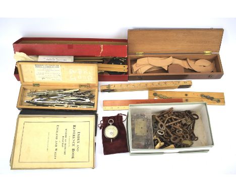Assorted collectables. To include drawing instruments, antique keys, a cased Moorgate Pantograph, a cased Index and Reference