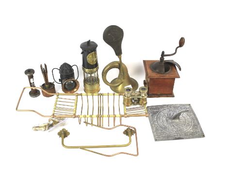Assorted vintage collectables. Including: a Hailwoods and Ackroyd brass mounted miner's lamp, a pair of opera glass, an egg t