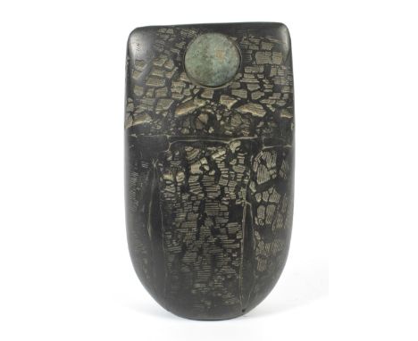 Peter Hayes (1946), black ceramic bow form sculpture. Textured and applied with bronzed roundel. Incised signature and date 9