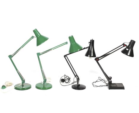 Two green enamel anglepoise style lamps and two black examples