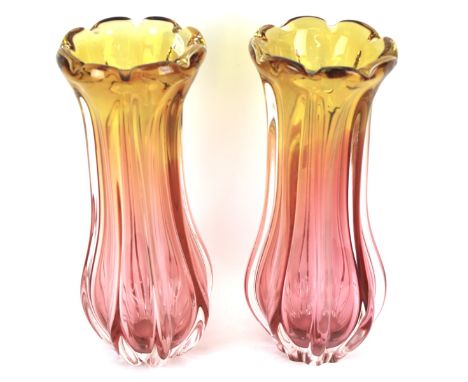A pair of vintage pink and amber tinted lobed baluster glass vases. Probably Czech by Josef Hospodka, 1960s, of thick-walled 