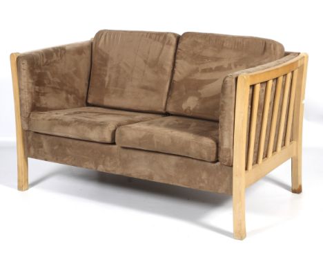 Retro Danish beech framed small two seater sofa. With grey drop-in cushions within slatted frame, L132cm x D76cm x H74cm