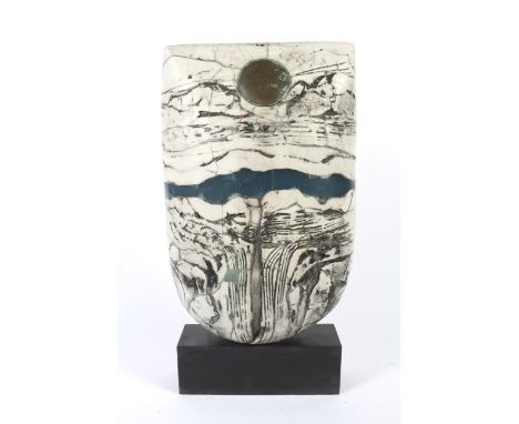 Peter Hayes (1946), ceramic white bow formed ceramic sculpture. With textured surface, blue inclusions with bronzed roundel, 