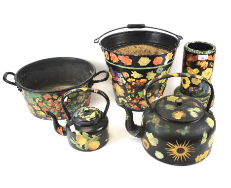 Five pieces of bargeware. Comprising two kettles, basin, bucket and a terracotta chimney pot, decorated with applied flowers 
