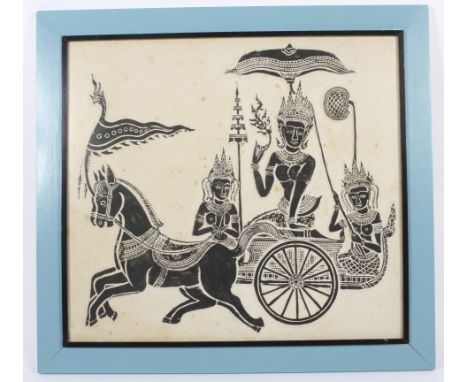 A vintage South East Asian temple rubbing of a processional scene. With a Goddess in horse drawn carriage with attendants, fr