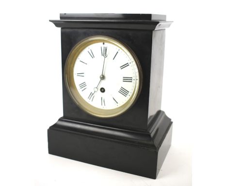 A Victorian slate mantel clock with Roman numerals denoting hours. The face marked SF, movement marked A&amp;N 29769, key and