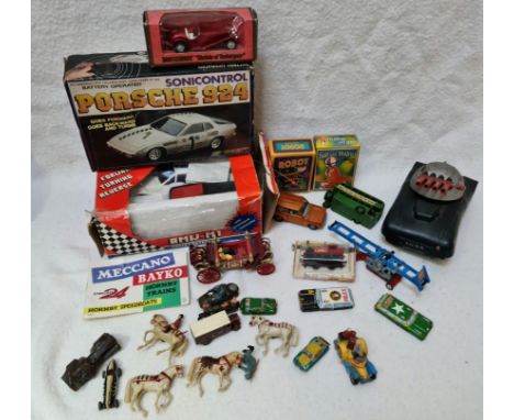 A box of vintage model cars, remote control, die-cast, tin plate.  