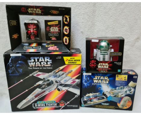 A box of boxed Star Wars toys to include an X-Wing fighter, Micro Machines set, an R"-A6 and a Darth Maul Rubik's cube puzzle