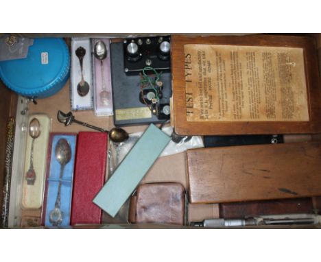 A collection of scientific instruments to include small microscope in wooden case, micrometer, quantity of spoons to include 