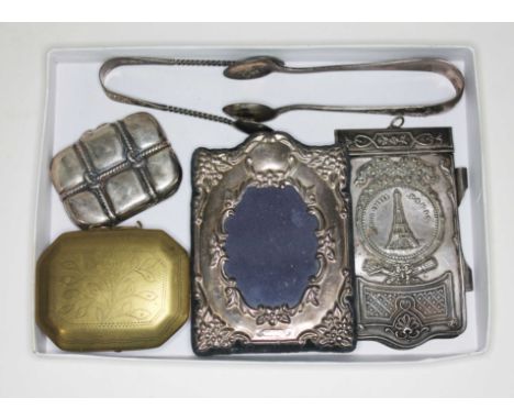 A tray of assorted silver and other bits comprising two pairs of hallmarked silver sugar tongs and a hallmarked silver photog